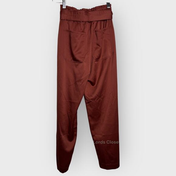Abercrombie S Burnt Red Satin Paper Bag Pants High Rise Smocked Belted Trousers - Picture 8 of 8